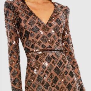Mac Duggal Women's Geo Embellished Midi Sheath Dress Chocolate Size 6 NWT